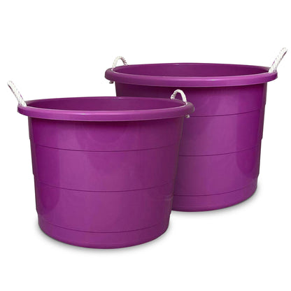 HOMZ 2-Pack Utility Tub, Large Plastic Storage Bucket with Rope Handles, 17 Gallon, Purple