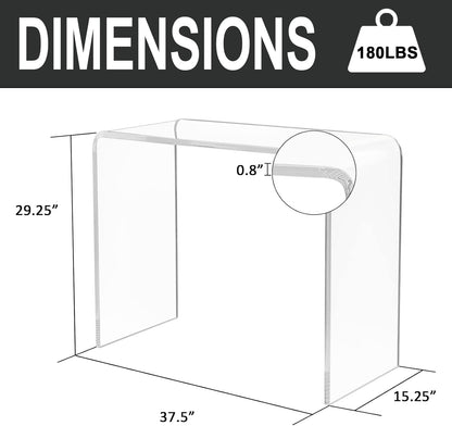Acrylic Console Table, 37.5” L Thick Modern Entryway Table for Hallway, Living Room, Clear Acrylic Desk, 37.5” W x 29.25” H x 15.25” D, 220LBS Weight Capacity.