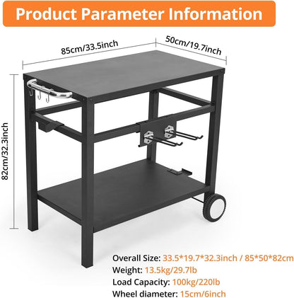 Bar Cart, Outdoor Grill Cart, Pizza Oven Stand, BBQ Prep Table with Wheels & Hooks, Side Handle, Double-Shelf Grilling Cart, Tabletop Griddle Cooking Station for Bar, Patio, Kitchen (Black)