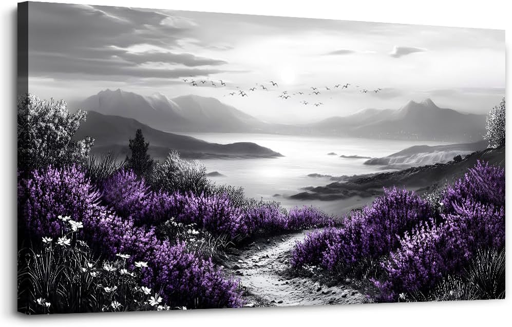 KELIYUAN Black And White Home Decoration Canvas Wall Art For Restaurant Natural Landscape Painting Printing Landscape Purple Grass Picture Suitable For Living Room Bedroom Office Wall Decor 20x40In
