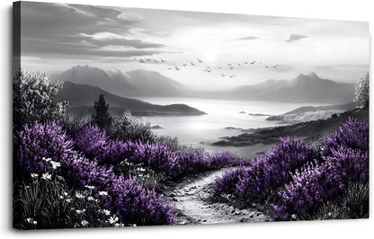 KELIYUAN Black And White Home Decoration Canvas Wall Art For Restaurant Natural Landscape Painting Printing Landscape Purple Grass Picture Suitable For Living Room Bedroom Office Wall Decor 20x40In