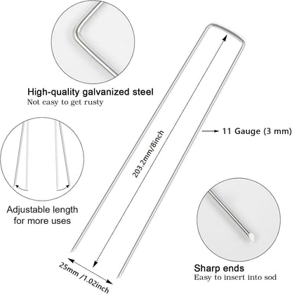 FEED GARDEN 8 Inch 100 Pack Galvanized Landscape Staples 11 Gauge Anti-Rust Garden Stakes Landscaping Fabric SOD Pins Yard Stakes for Weed Barrier Fabric
