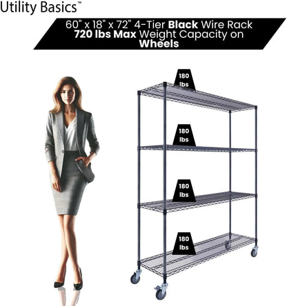 60"x18"x72" Black Premium Metal Steel Wire Shelving 4-Tier NSF 3200 LBS MAX Capacity Heavy Duty Storage Rack for Garages, Commercial Spaces, Hospitals, & Schools w/Premium Wheels