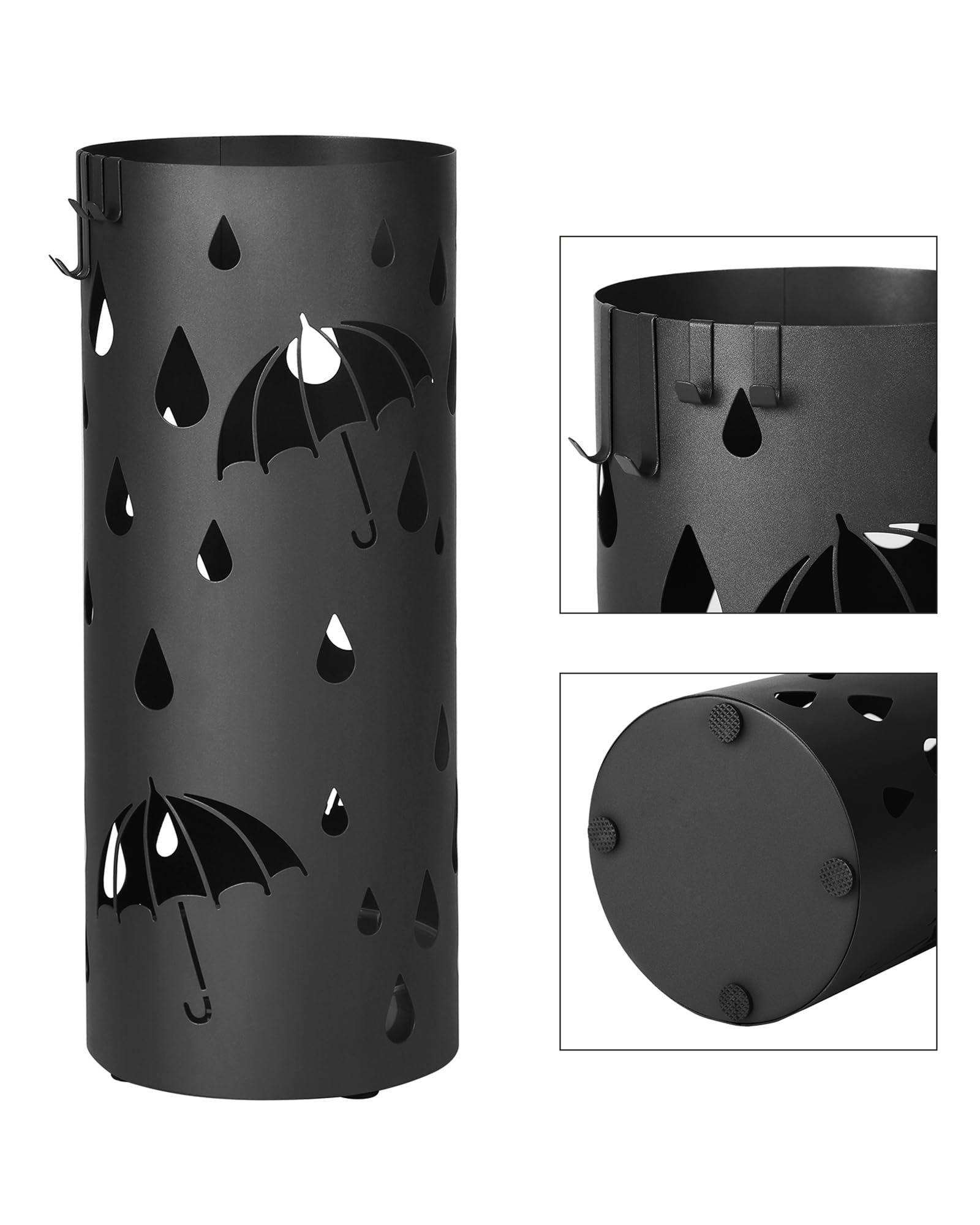 SONGMICS Umbrella Stand, Metal Umbrella Holder for Entryway, with Water Tray and 4 Hooks, 7.7 x 7.7