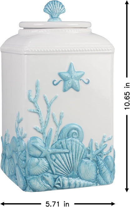 Young's Inc. 4 Pcs Set Blue Lagoon Nautical Ceramic Canisters- Storage Container for Kitchen and Bathroom - Beautiful Home Decor Accent to Store Food, Coffee, Tea, and More - White, Blue