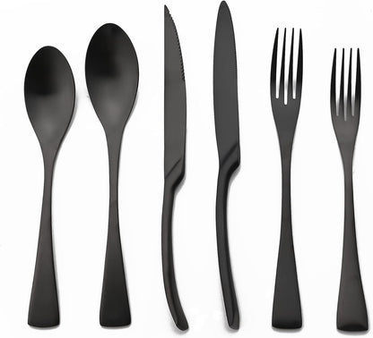 Luxury Silverware Set Flatware Cutlery 18/10 Stainless Steel Matte Polishing Metal Utensils Set Group Service for 1, 6-piece, Black