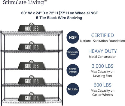 60"x24"x72" PRIME HEAVY DUTY Black 5-Tier Wire Shelving NSF 3000 LBS MAX Capacity Storage Rack for Commercial, School, Home, Garage, Warehouse, Industrial, and Hospital Uses (with Wheels)
