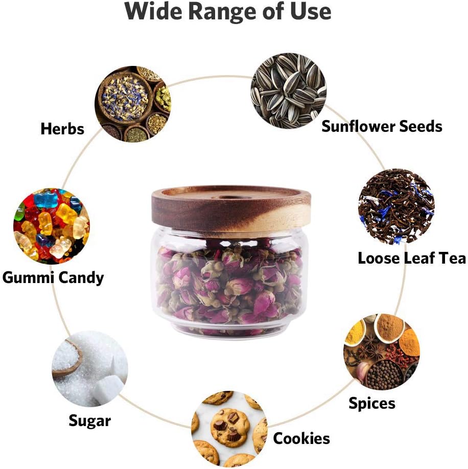 Glass Coffee Containers, 8.5 FL OZ/250 ml Kitchen Serving Food Storage Canister with Sealed Wooden Lid, BPA-Free Clear Glass Jar for Tea Leaves, Powder, Spice(3.06 inch)