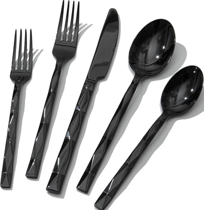 KINGSTONE Black Silverware Set, Luxury 60 Piece Flatware Set for, 18/10 Stainless Steel Cutlery Set with Diamond Cut Pattern for Kitchen, Home, Wedding, Party, Mirror Polished and Dishwasher Safe