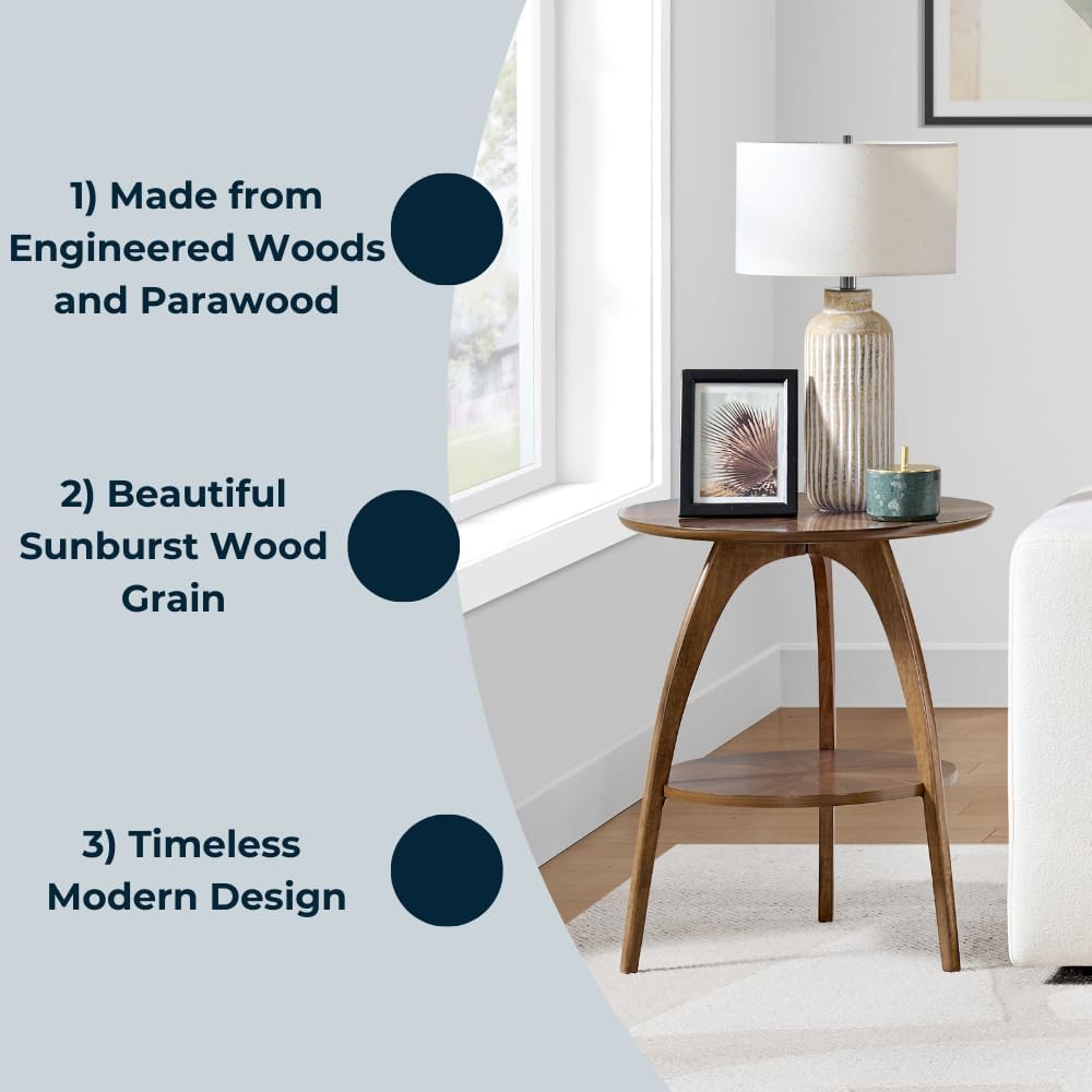 Martin Svensson Home Round Wood Walnut Brown 20" Living Room End Side Accent Table Nightstand with Storage Shelf