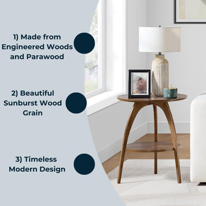 Martin Svensson Home Round Wood Walnut Brown 20" Living Room End Side Accent Table Nightstand with Storage Shelf