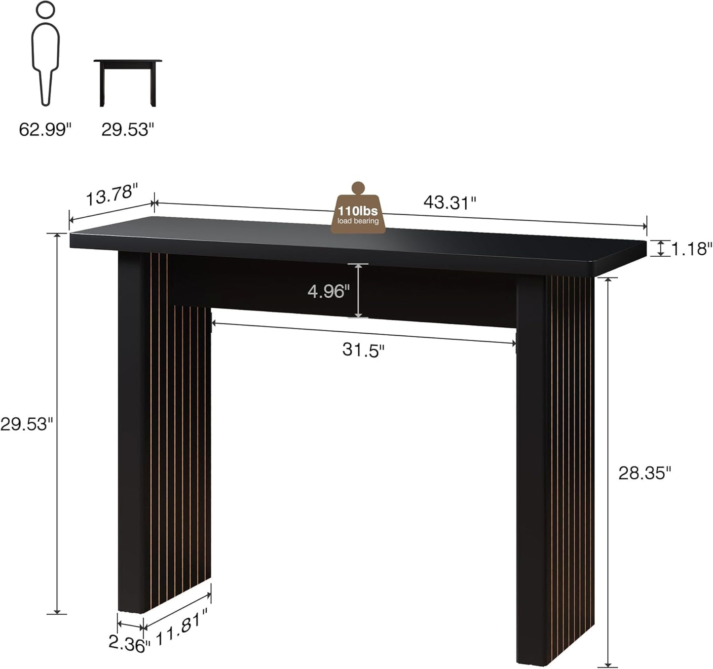 AVZEAR Mid Century Narrow Entryway Console Table, 43.3" Fluted Wood Couch Table Behind Sofa Long and Skinny for Living Room Hallway Entrance Foyer, Black