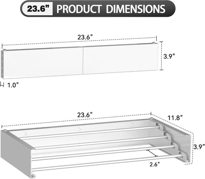 FOCHIER F Laundry Drying Rack Wall Mounted Clothes Drying Rack Collapsible with 4 Aluminum Rods and Drilling Template Long Screwdriver Bit 60 lbs Capacity (White, 23.6")