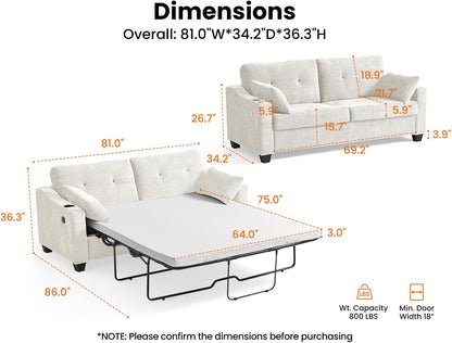 CHIC HOUSE Pull Out Sofa Bed, Full Size Sleeper Sofa, 2-in-1 Convertible Chenille Couch with USB Charging, Memory Form Corduroy Couch for Living Room, Apartment & Small Space (Beige, Chenille - Queen)