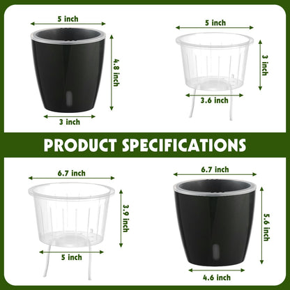 Self Watering Pots for Indoor Plants, 8-Pack 5'' Self Watering Planter with Drainage Holes, Small African Violet Pots with Water Level Indicator, Clear Wick Pot, White/Black