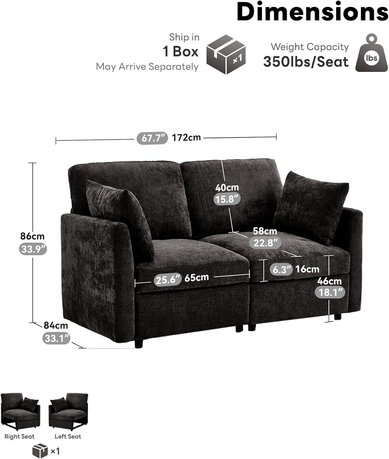 Tbfit 59" Loveseat Sofa, Chenille Small Sofa Couch, Love Seat with 2 Pillows for Small Space, Bedroom & Living Room, Black