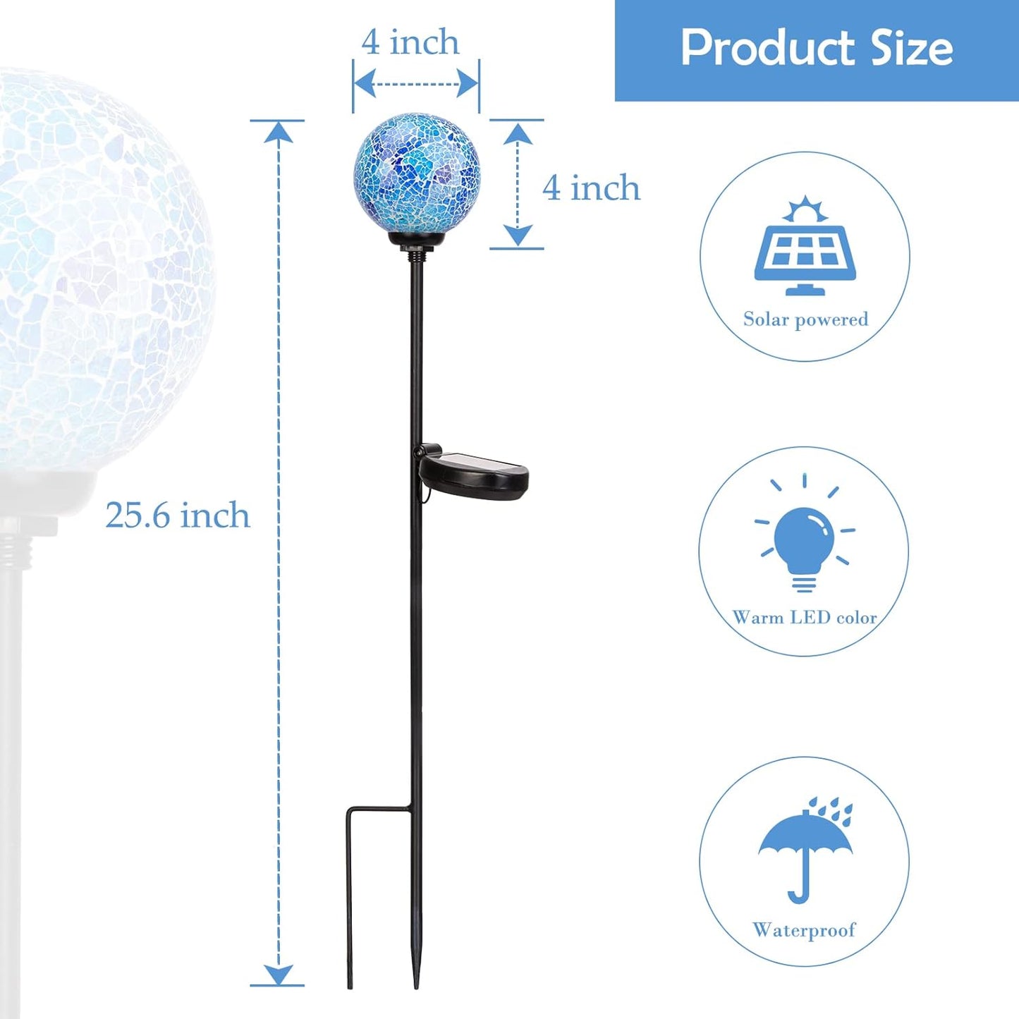 Afirst Solar Lights Outdoor Decorative Mosaic Gazing Ball Garden Stakes Decorative Lights Waterproof Glass Ball LED Pathway Stake Light for Pathway Yard Lawn Decoration Blue