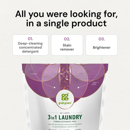 Grab Green 3-in-1 Laundry Detergent Pods, 24 Count, Fragrance Free, Plant and Mineral Based, Superior Cleaning Power, Stain Remover, Brightens Clothes