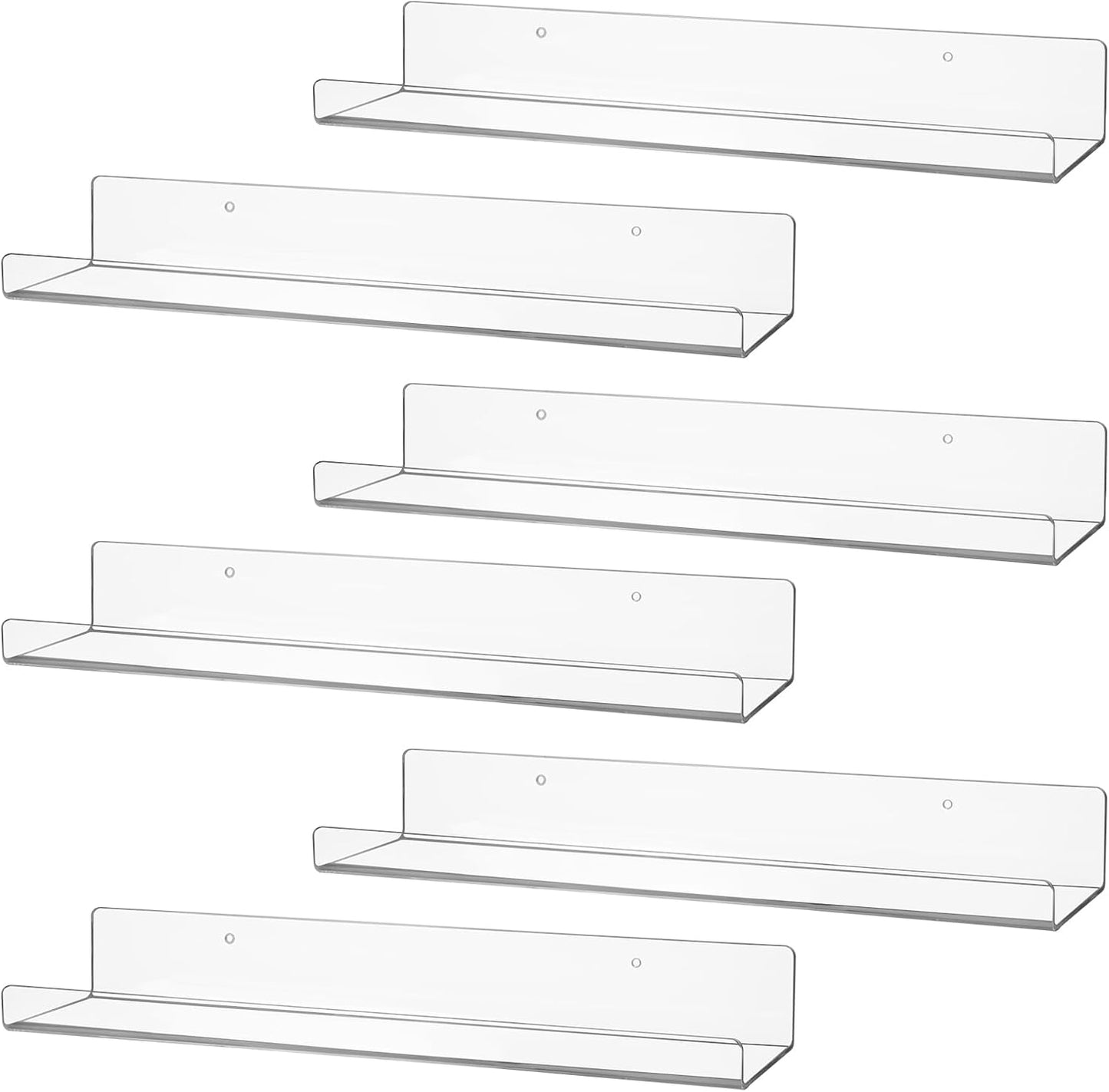 6 Pack Clear Acrylic Floating Shelves for Wall, 15'' Plastic Wall Mounted Display Shelf Kids Bookshelf and Spice Organizer for Bedroom, Living Room, Kitchen, Bathroom, Office