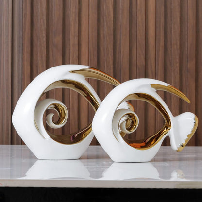 White Gold Ceramic Fish Figurines - Coastal Home Decor, Modern Ocean Centerpieces for Living Room, Dining Area, Bathroom, Office, Coffee Table, Beach House, Nautical, Seaside, Entrance, Shelf Display