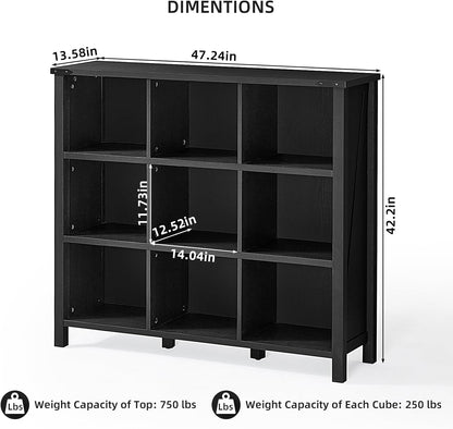 9 Cube Bookcase, Farmhouse 47 Inch Wide Black Bookshelf, Wooden 3 Tier Display Large Open Book Shelf, Vintage Horizontal Book Case for Home Office, Cubby Storage Cabinet for Living Room