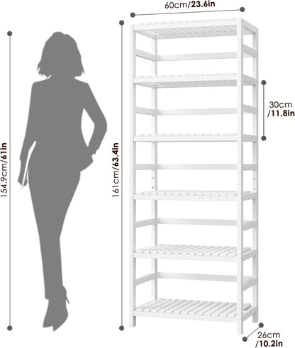 FOTOSOK 6-Tier Bamboo Shelf Set of 2, Bamboo Bookcase with Adjustable Shelves, Free Standing Storage Shelf Unit Plant Flower Stand, Tall Large White Bookshelf for Kitchen, Bathroom, Home Office, White
