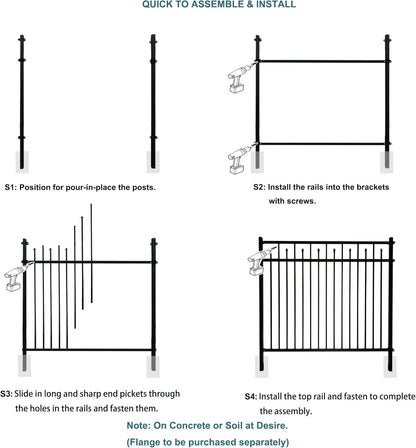 Galvanized Steel Fence Panel, 6ft H x 6.5ft W, Decorative DIY Installation for Outdoor Garden, Wrought Iron Style, Black