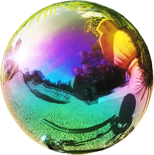 Rainbow Gazing Globe Mirror Ball in Stainless Steel, Shiny Hollow Sphere Sparkling Housewarming