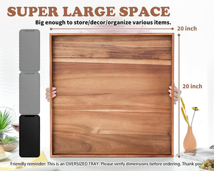 Large Ottoman Tray for Living Room, 20" Extra Large Tray for Ottoman Square Acacia Serving Trays with Handles for Coffee Table, Breakfast, Appetizers, Dinner