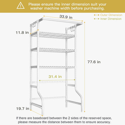 Ulif U11 Over Washer and Dryer Shelves, 3 Tiers Laundry Room Storage and Organizer Standing Shelf, Metal Freestanding Clothes Drying Rack, 33.9" W x 19.7" D x 77.6" H, White