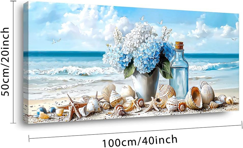 LASMOND Romantic Beach Wall Art for Living Room Blue Shells Conch Vase Canvas Prints Modern Large Flower Bottle Bedroom Ocean Artwork Decor (40x20 Inches)