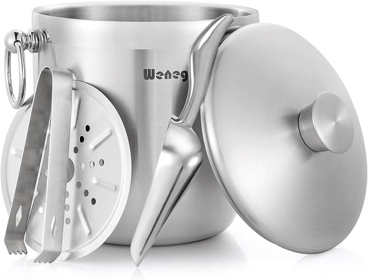 Ice Bucket with Lid, Scoop, Tongs and Strainer - Well Made Insulated Stainless Steel Keep Ice