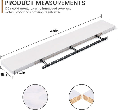 Fun Memories 48 Inch Floating Shelves for Wall, Deep Rustic Solid Pine Wood Shelf - Farmhouse Wall Mounted Display Shelf with Heavy-Duty Metal Bracket, 48" W x 8" D, Set of 1, White