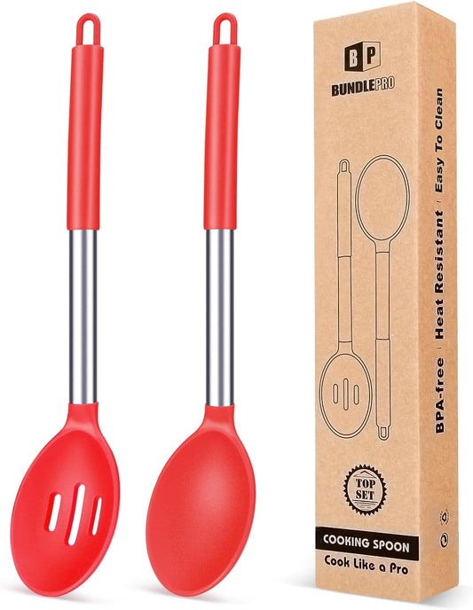 Pack of 2 Large Silicone Cooking Spoons,Non Stick Solid Basting Spoon,Heat-Resistant Kitchen