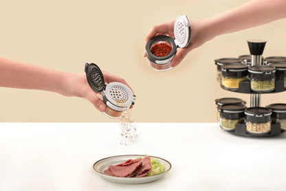 360 rotating 2 tier jars spice rack (6 small 6 large spice jars) Revolving Seasoning Organizer. Spinning Spice Rack for Counter top and Cabinet WITH Custom Label Stickers.