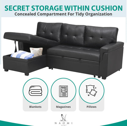 Naomi Home Jenny Sectional Sofa Sleeper with Storage Chaise, Tufted Pull Out Couch with Storage, L-Shaped Reversible Sleeper Sofa with Storage, Black,Air Leather