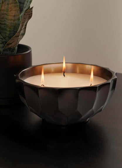 Kate and Laurel Plete Round Pleated Metal Candle Bowl, 8 Inch Diameter, Black Nickel, Modern Scalloped Three-Wick Unscented Candle with Decorative Bowl for Living Room Decor