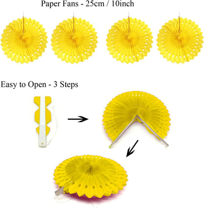 ZERODECO Party Decoration, 21 Pcs Yellow Hanging Paper Fans Pom Poms Flowers, Garlands String Polka Dot and Triangle Bunting Flags for Minnie Mouse Birthday Parties Baby Showers Wedding