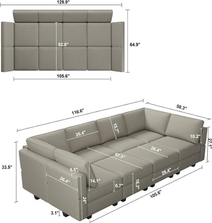 Belffin Modular Sectional Sofa with Storage Chaises Sectional Sleeper Sofa Couch 8 Seat Sectional Bed Grey