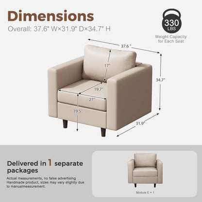 ABCASA Faux Leather Single Sofa, Modern Accent Chair Whitesand with Storage Deep Seat Large Reading Armchair for Living Room Bedroom Office