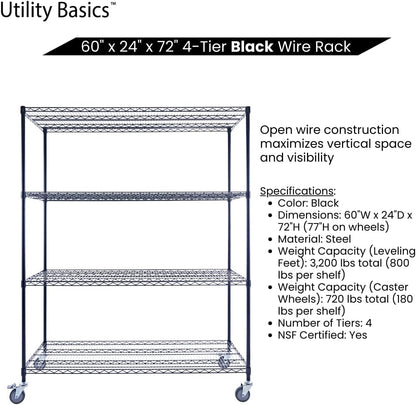 60"x24"x72" Premium Metal Steel 4-Tier Wire Shelving NSF 3200 LBS MAX Capacity Heavy Duty Storage Rack for Hospitals, Schools, Commercial Spaces, and Garages w/Premium Wheels