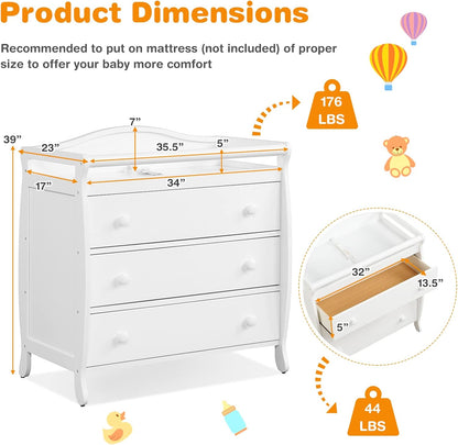 Costzon 3-Drawer Changing Table, Infant Diaper Changing Station with Drawers, Safety Rails & Strap, Baby Changing Table Dresser for Nursery, Easy Assembly (White)
