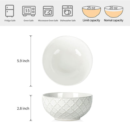 Sureasy Ceramic Cereal Bowls Set of 4-25 oz White Soup Bowls for Kitchen, Perfect for Soup, Pasta and Salad, Microwave & Dishwasher Safe