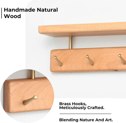 Shelf with Hooks, Solid Wood Bedroom Shelves for Wall, Wooden Coat Rack Wall Mount for Bathroom, Kitchen, Door Entryway (Beech, 38cm/14.96inch)
