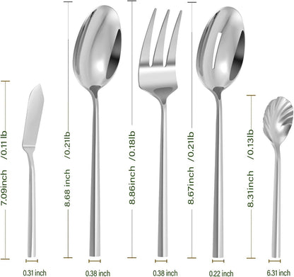 Silverware Serving Set 5-Piece Mirror Polished Stainless Steel Flatware Thick Handle Hexagon Cutlery Serving Utensils Set