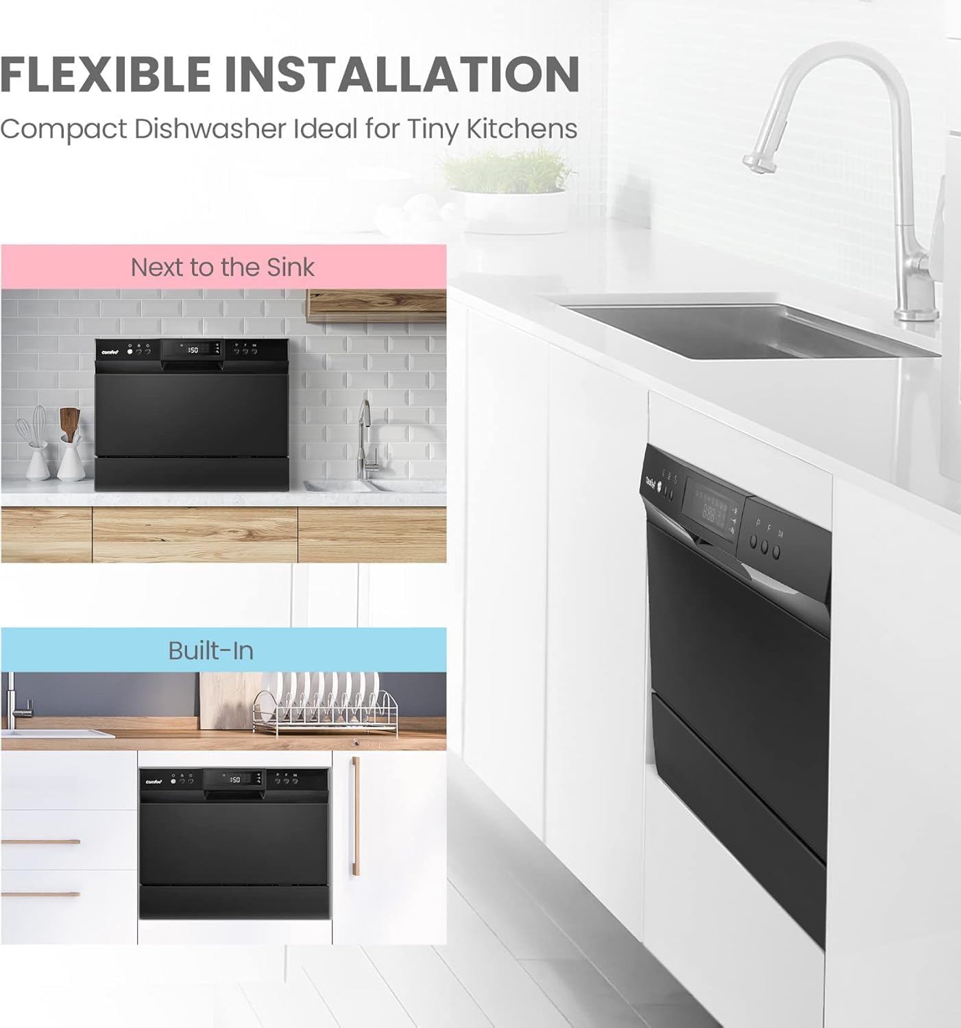 COMFEE??Countertop Dishwasher, Energy Star Portable Dishwasher, 6 Place Settings & 8 Washing Programs, Speed, Baby-Care, ECO& Glass, Dish Washer for Dorm, RV& Apartment, Black