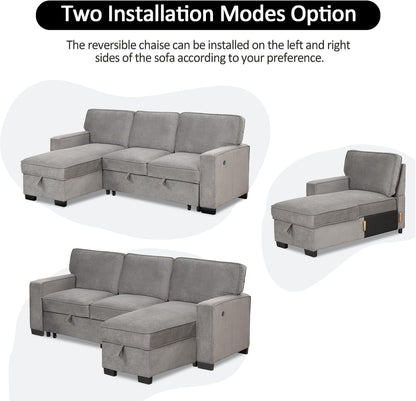 EBELLO Convertible Sleeper Sofa 3 in 1, Chenille Modern L-Shaped Couches for Living Room, Pull Out Sectional Futon Sofa Bed with Storage Space, USB Ports and Cup Holders for Bedroom, Grey