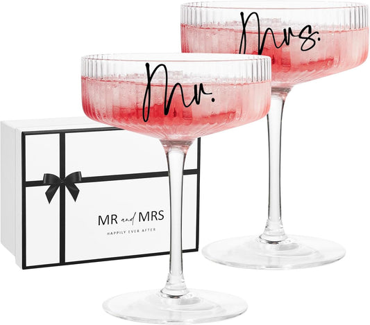 Ribbed Coupe Glasses for Anniversary Engagement Wedding Bridal Shower Gifts for Couple, Crystal