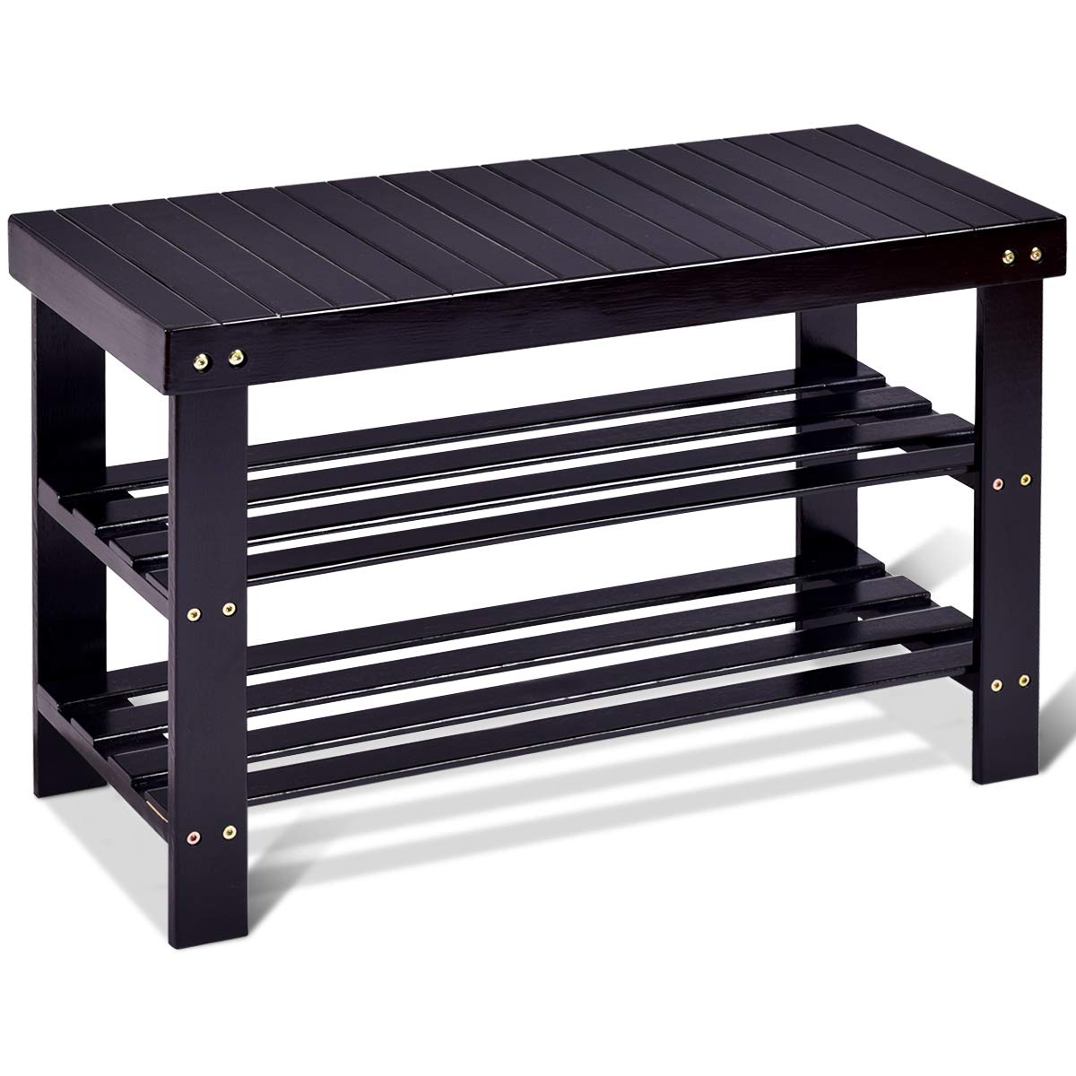 GOFLAME Shoe Bench Rack, 2-Tier Bamboo Seat Storage Shelf, Free Standing Shoe Storage Bench with