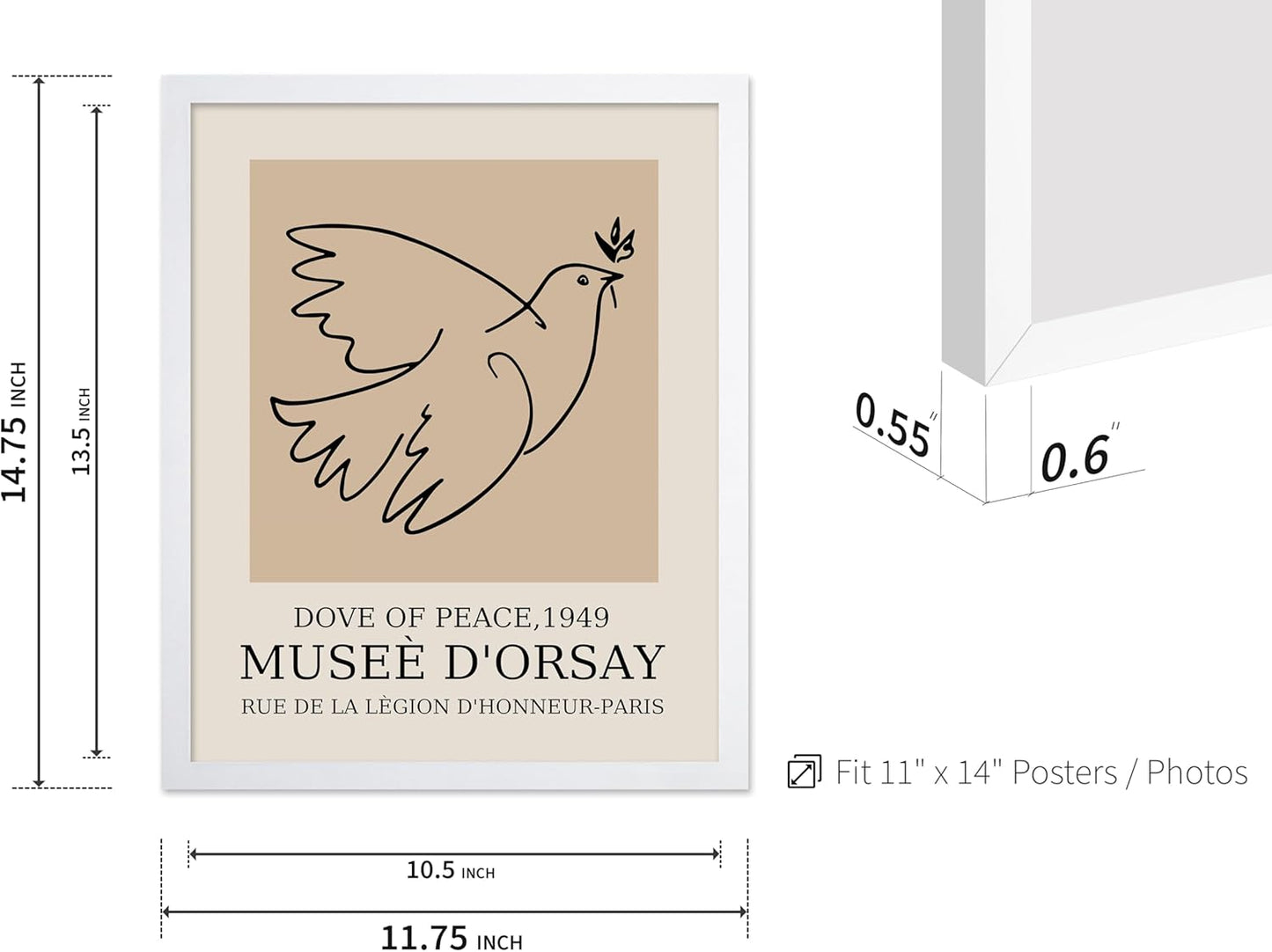 Poster Master Vintage Poster - Retro Minimalist Print - Gift for Artist, Friend - Dove Of Peace, Line Drawing, Sketch, Abstract - Wall Decor for Living Room, Bedroom, 11x14 White Framed